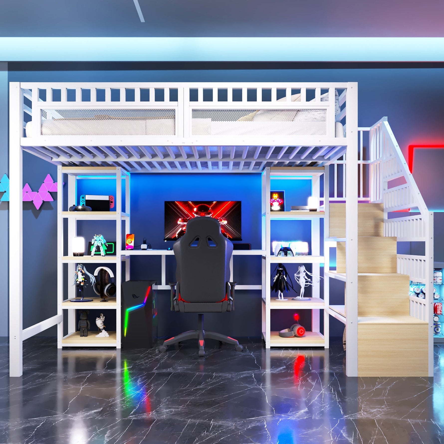 Loft Bed with Desk, Storage Ladder, LED Lights and USB Port, White Metal and MDF