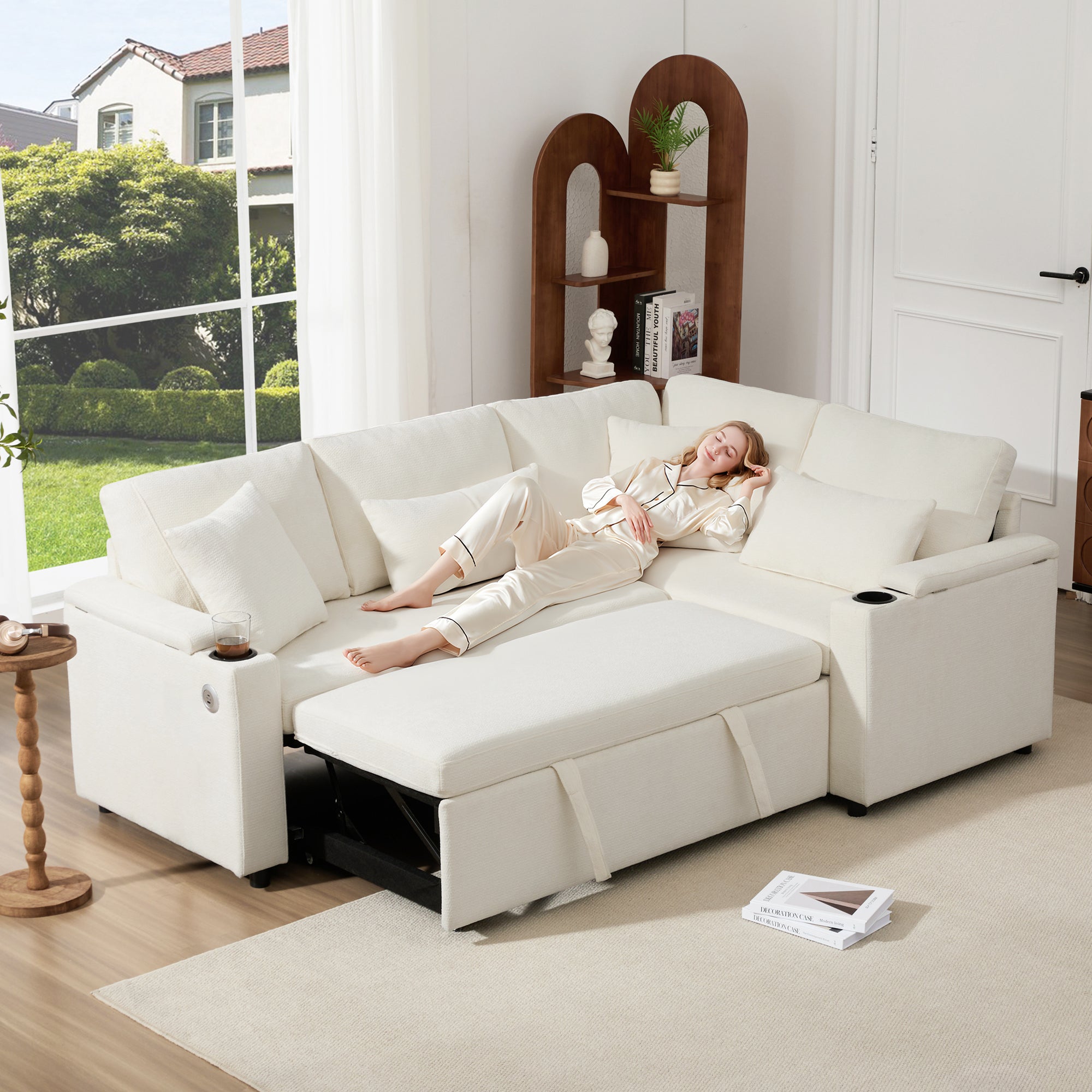 L-Shaped Corner Sofa, Extendable Chaise Storage Cup Holders USB Armrest, Beige