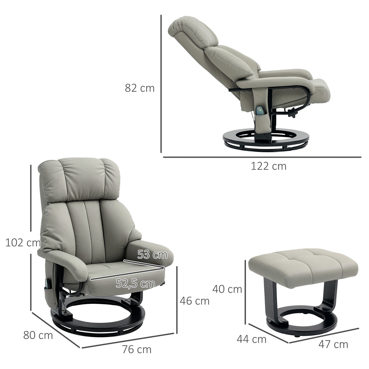 Reclining Armchair with Footstool, Electric Massage Function, Remote Control, Faux Leather Grey