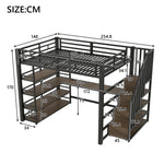 Metal Loft Bed with Stairs, Desk, Storage, USB and LED, 140x200, Black