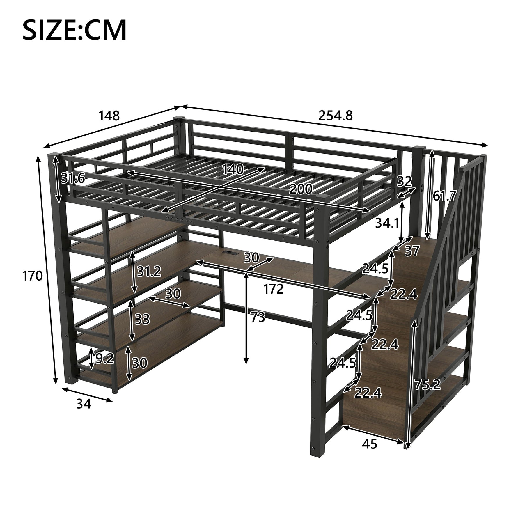 Metal Loft Bed with Stairs, Desk, Storage, USB and LED, 140x200, Black