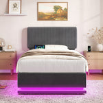 Modern Upholstered Bed with LED, USB-C Charging and Storage, 90x200, Gray Corduroy