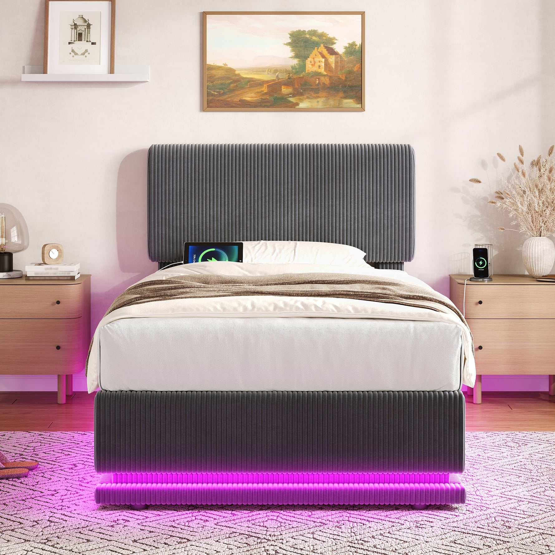 Modern Upholstered Bed with LED, USB-C Charging and Storage, 90x200, Gray Corduroy