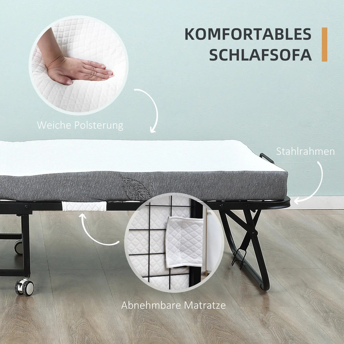 Guest Bed Folding Bed with Wheels, Steel and Foam, 200x75x42.5cm - White/Black