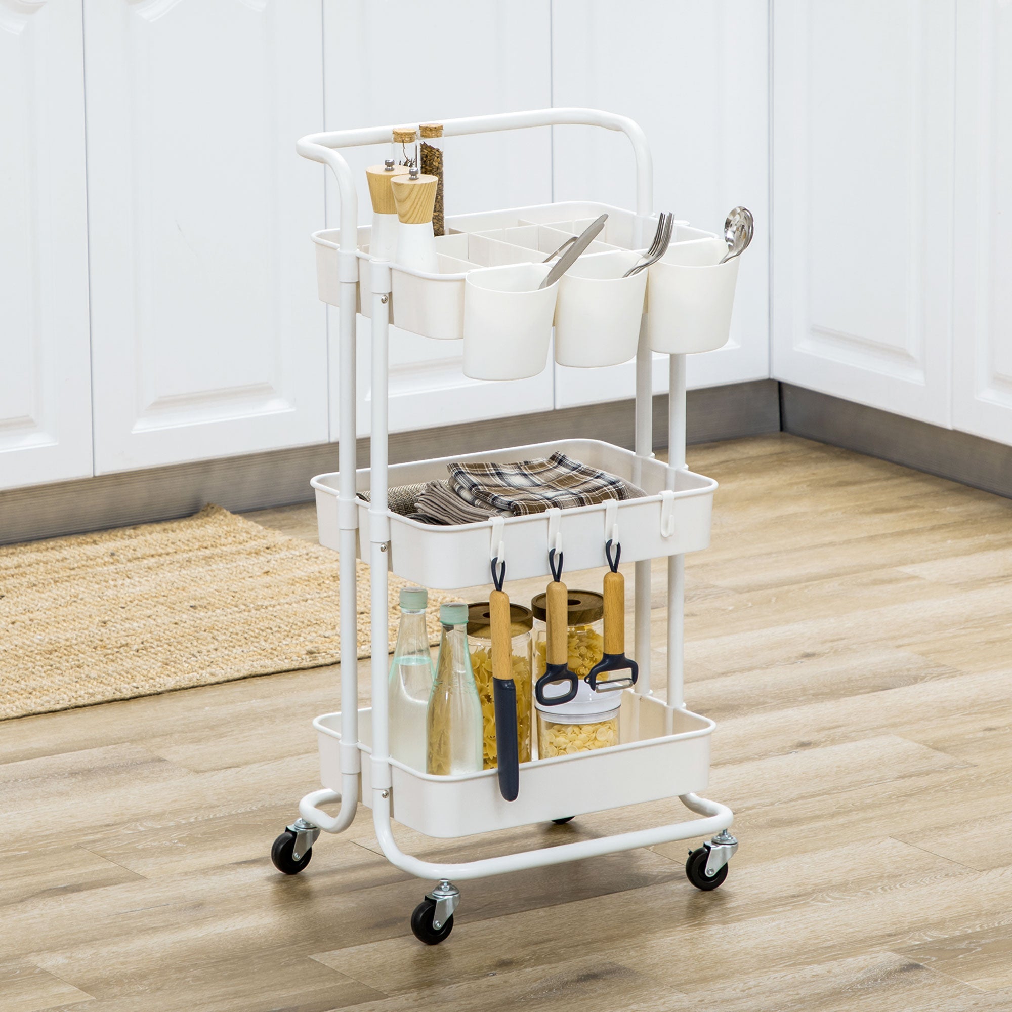 Serving Cart, 3-Tier Storage with Hooks, Steel White