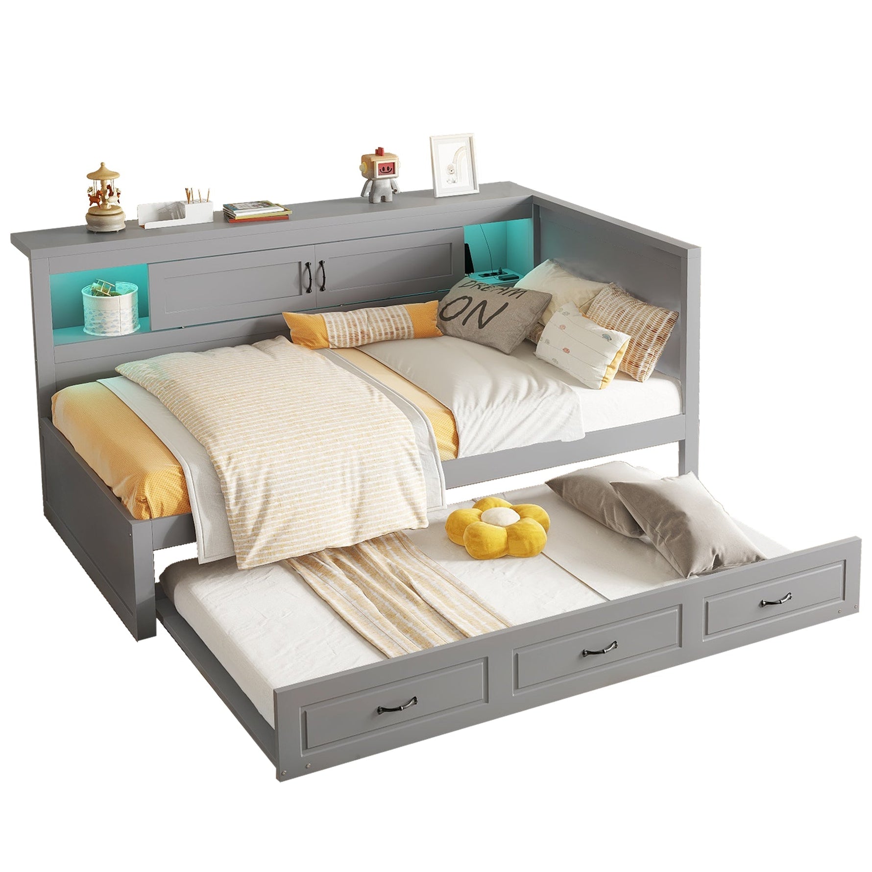 Sofa Bed Daybed 90x200cm Pull-out Bed LED Storage USB Outlet - Grey