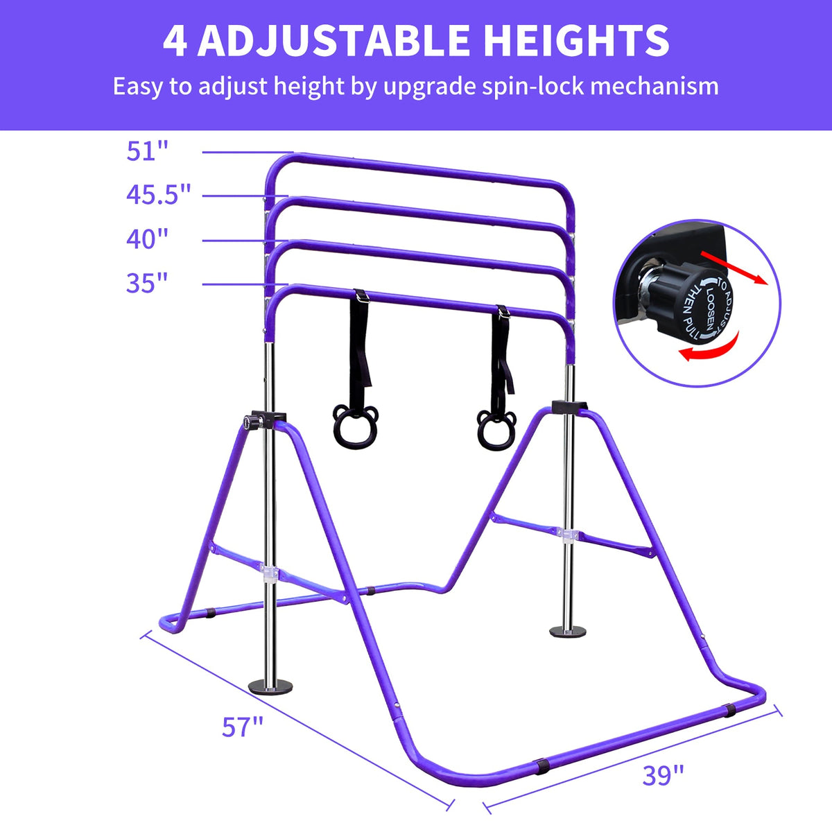 Adjustable Gymnastics Bar, Height-Adjustable Extendable Steel, Purple