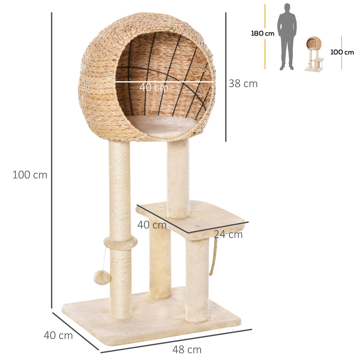 Cat Tree, Cat Cave 100H cm, Sisal Beige