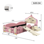 Crown Cartoon Bed Upholstered Children's Slide Stairs LED 90x200cm PU Pink + Beige