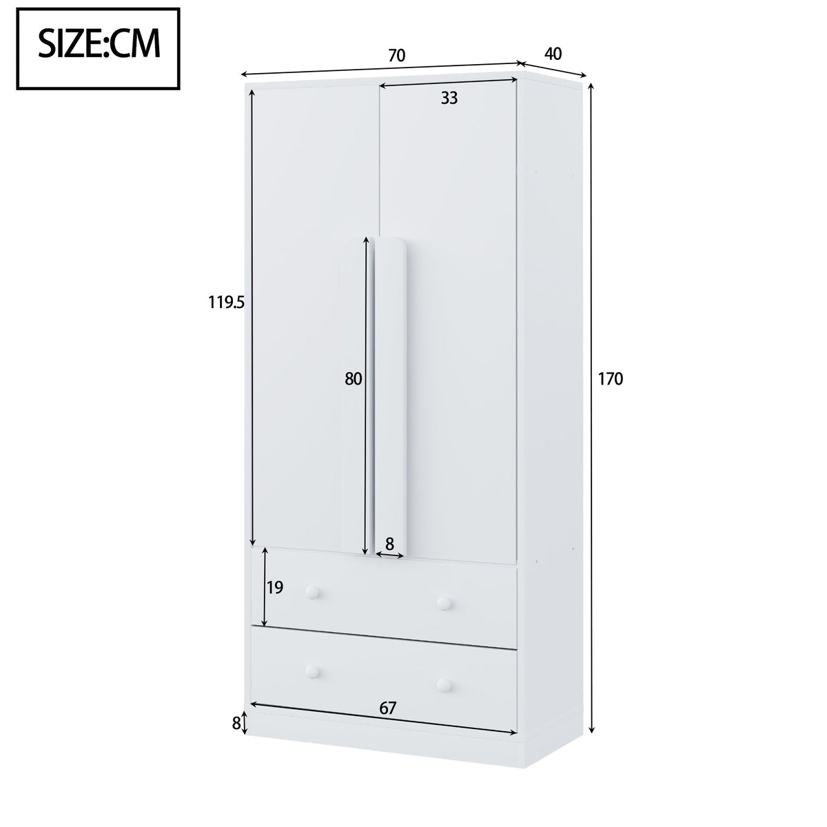 Wardrobe Double Door Drawers Storage 70x40x170cm, White
