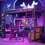 Loft Bed 90x200cm Iron Frame with Desk LED Light Storage Pegboard USB Black