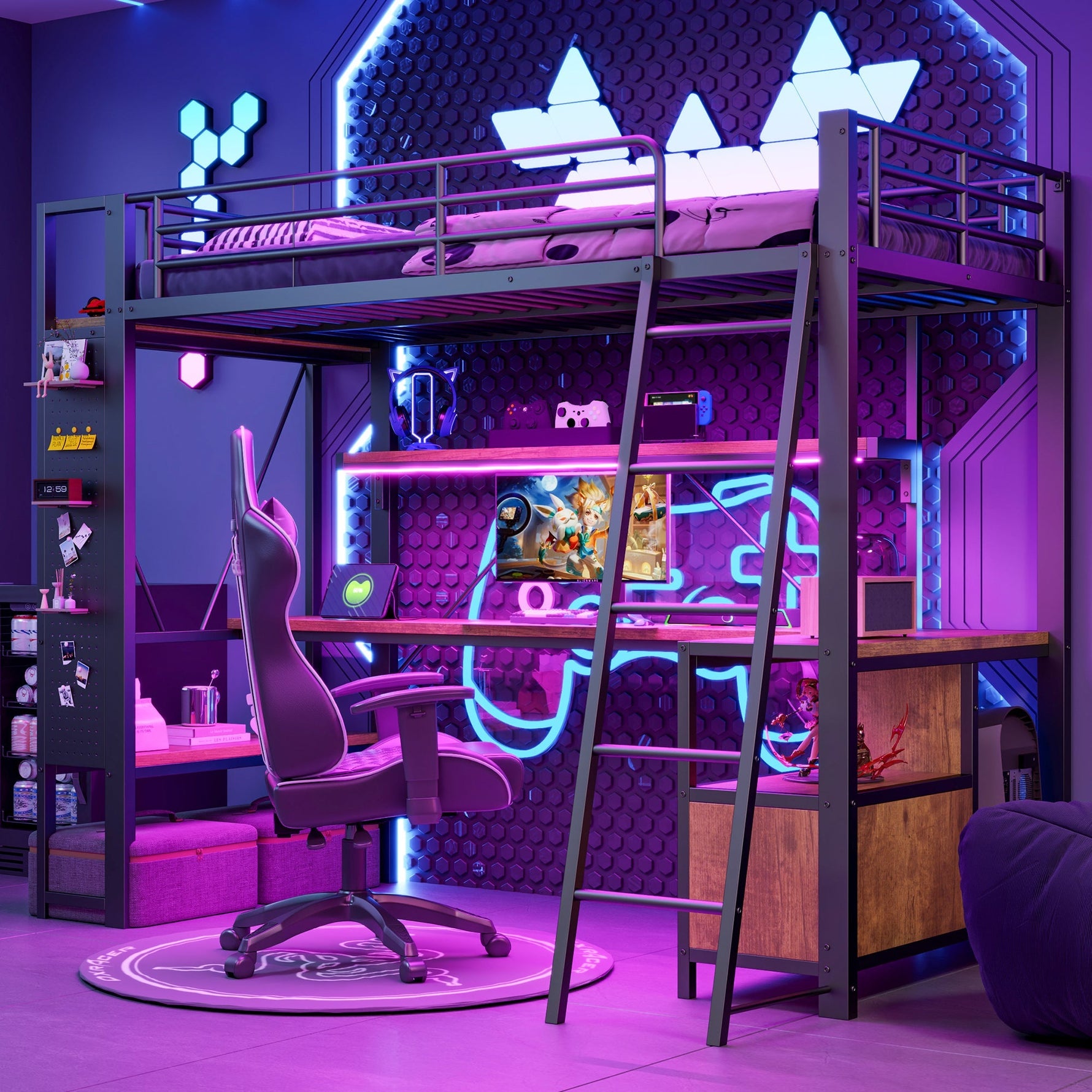 Loft Bed 90x200cm Iron Frame with Desk LED Light Storage Pegboard USB Black