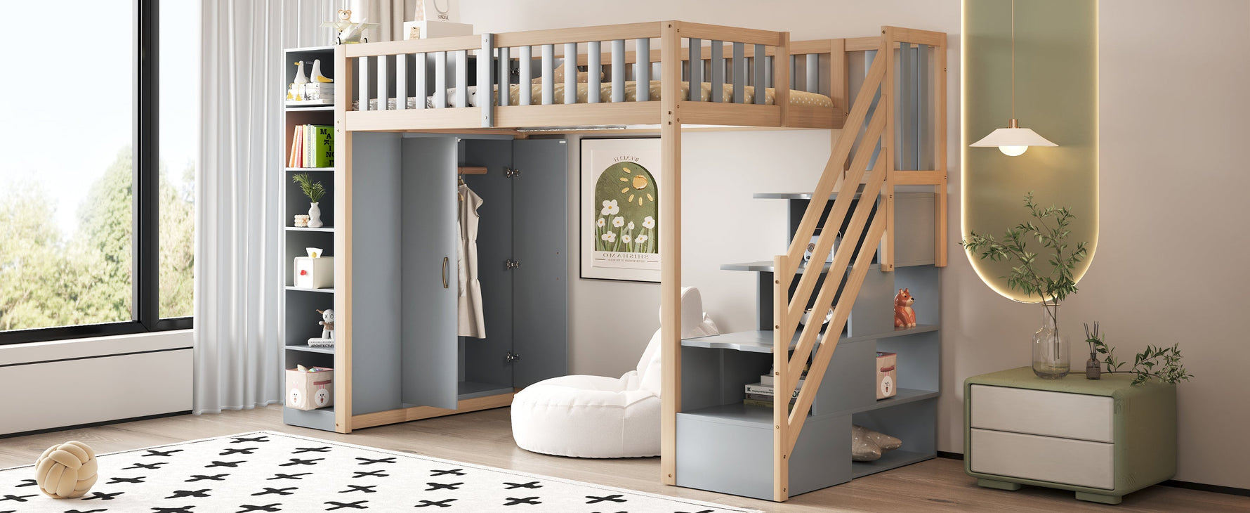 Loft Bed, Multifunctional with Shelves, Storage & Wardrobe, Grey + Raw Wood