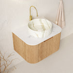 61cm Wall-Mounted Bathroom Vanity Unit with Ceramic Basin and Carrara White Top, Natural Wood Grain
