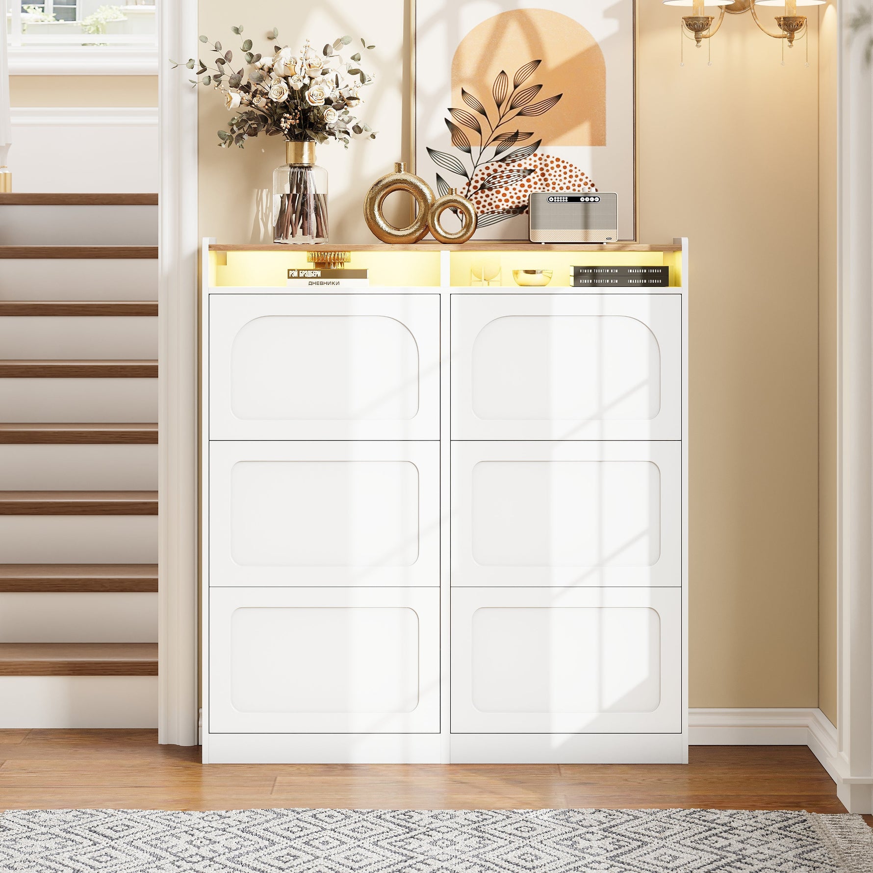 Shoe Cabinet 6 Drop-Down Compartments LED Lighting Open Storage White Natural Finish