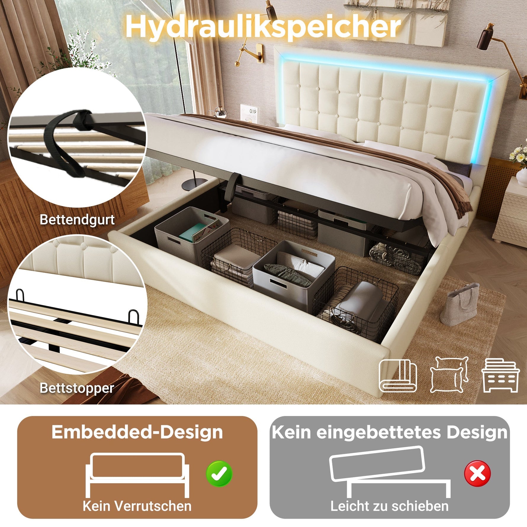 061617AAW Upholstered Double Bed with LED Lighting, Slatted Frame and Storage, 180x200cm, White Faux Leather