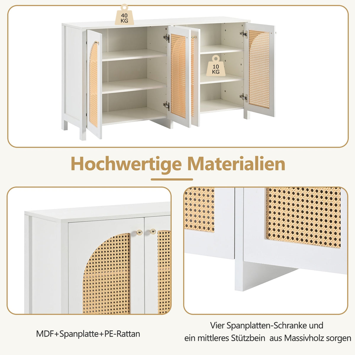 Sideboard, 4 Rattan Doors with Metal Handles, White