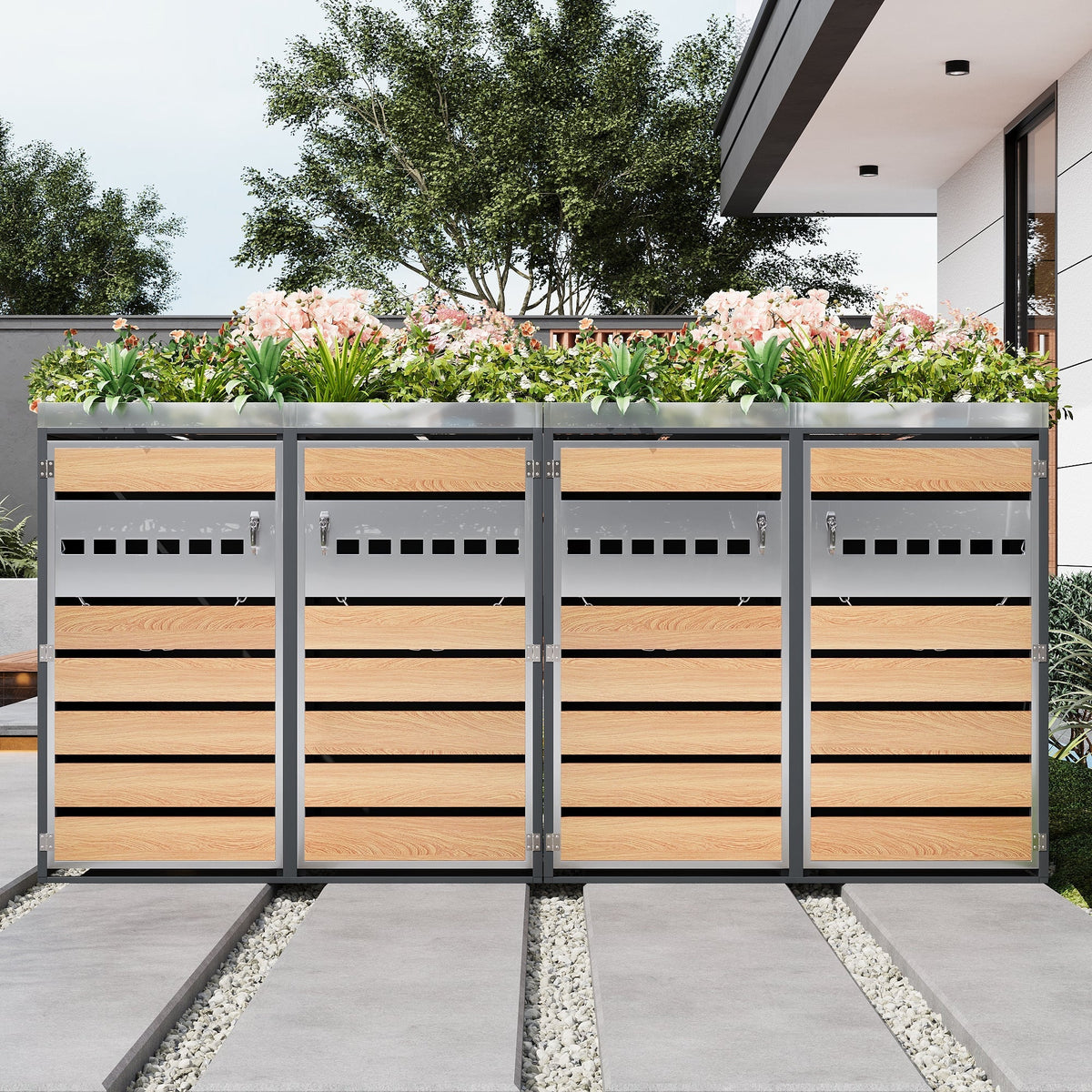 Garbage Can Enclosure with Diamond Ventilation and Four Lockable Doors, Planting Area, Steel