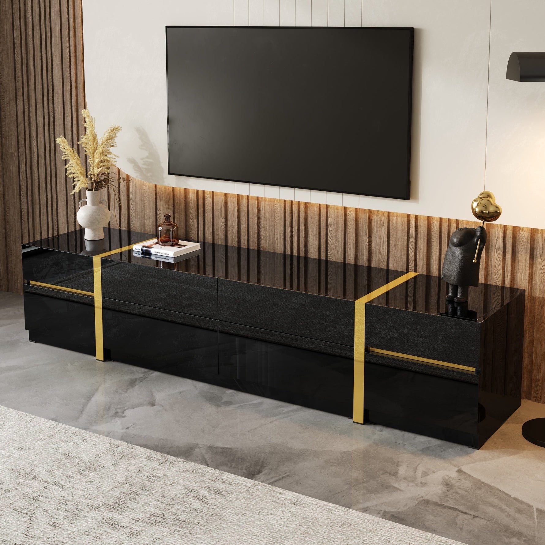 Luxurious TV Stand with Drawers and Doors, Modern High-Gloss Finish, Gold Edges