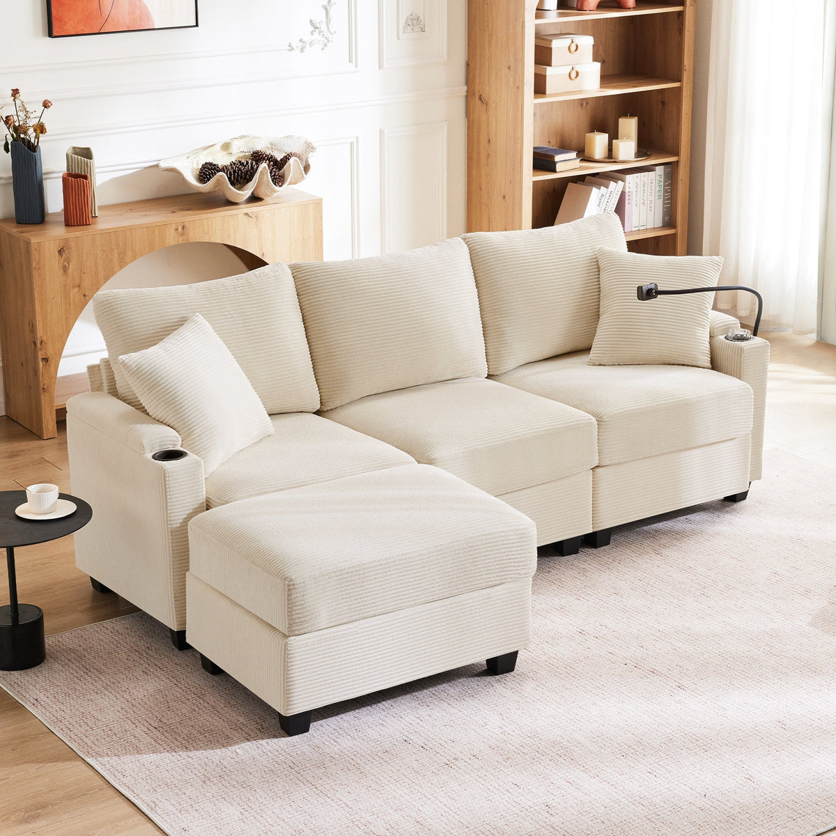 L-shaped Corner Sofa, Convertible 3-Seater with Footstool, Cup Holder, USB Charger, Armrest Storage, Beige