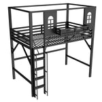 Children's Loft Bed 90x200cm with Roof & Storage, Black Metal