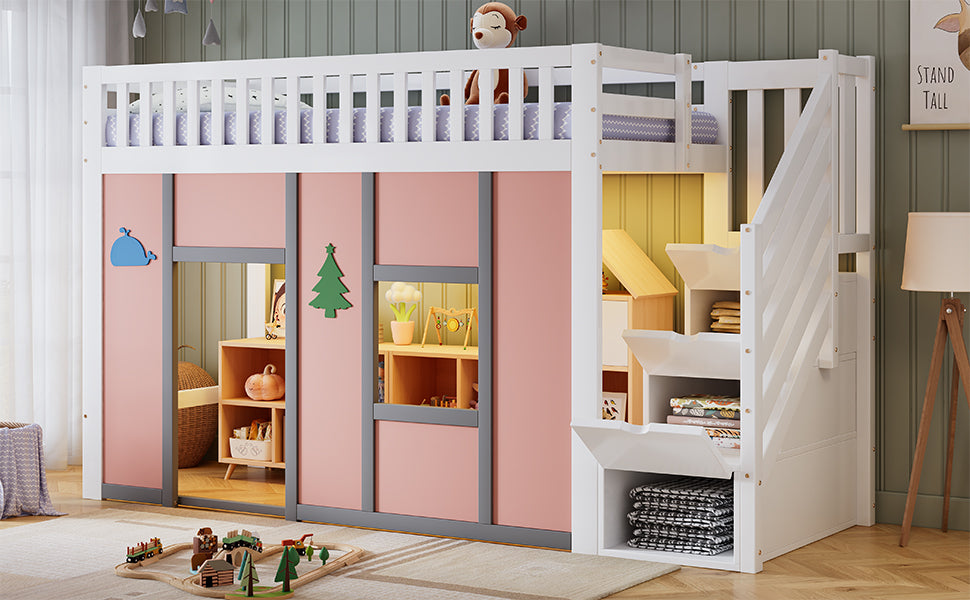 Children's Loft Bed 90x200 cm with Storage Stairs in White & Pink