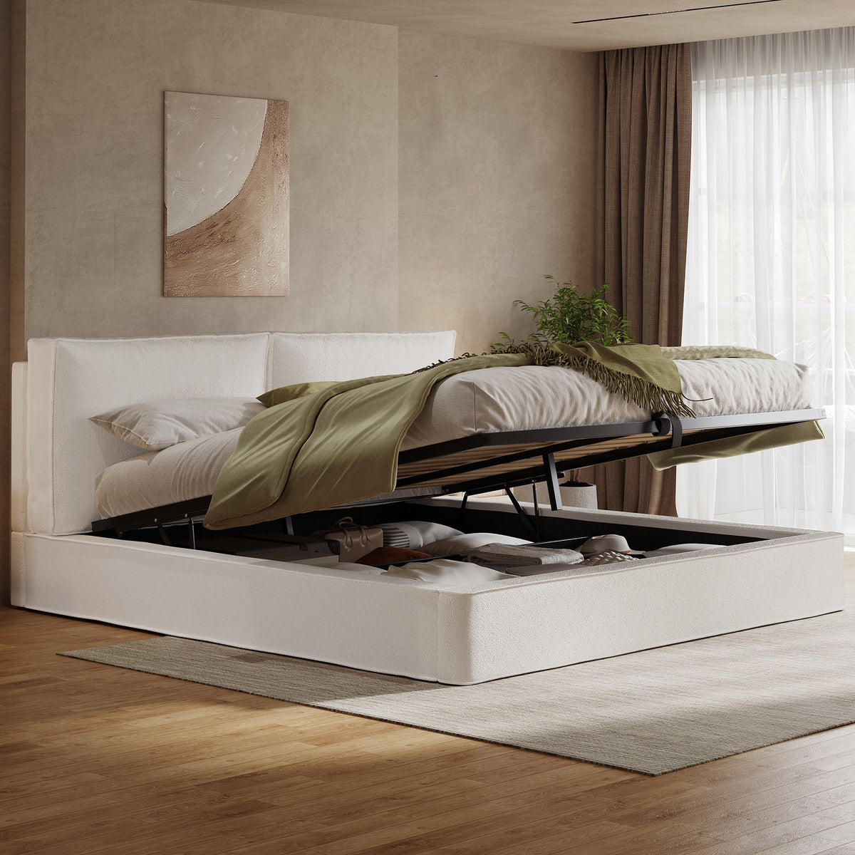 Upholstered Double Bed 180x200cm Hydraulic Storage, Beige Bouclé
