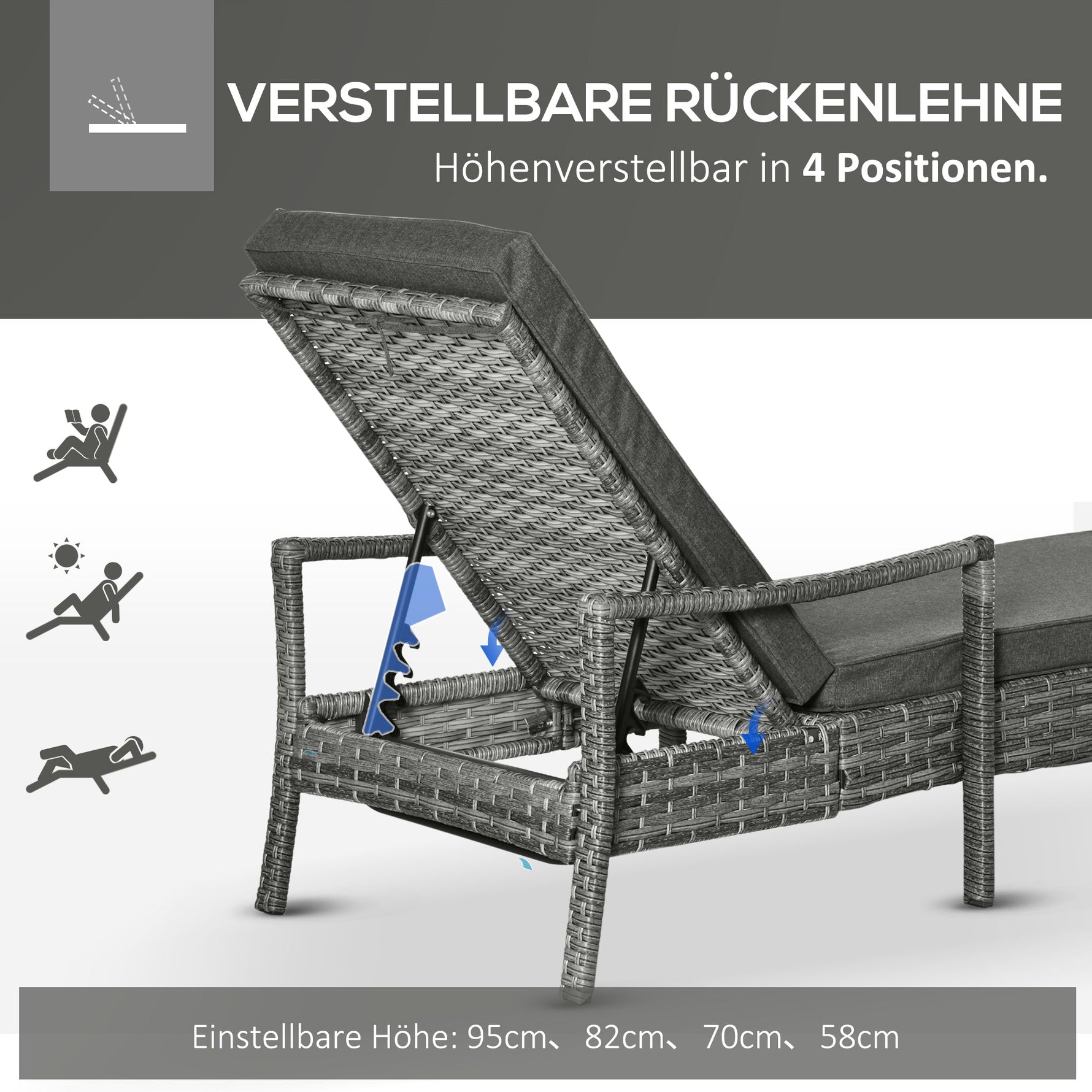 Sun Lounger, Adjustable Cushion, Rattan Grey