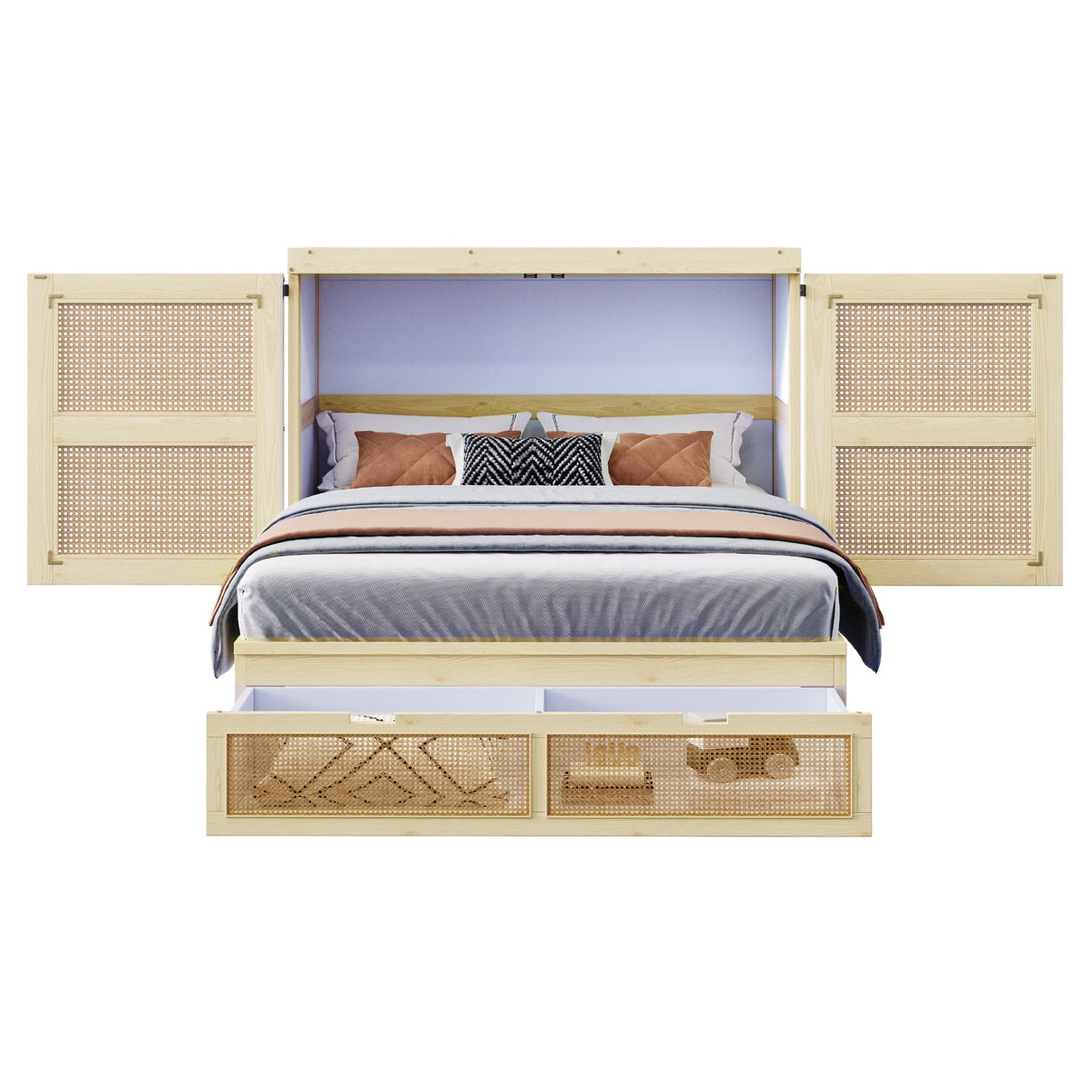 Vertical Wall Bed with Slatted Base and Storage Drawers, 140 x 200 cm, Wood Color