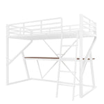 Loft Bed 90x200cm with Desk, LED & Stairs, White Iron Frame