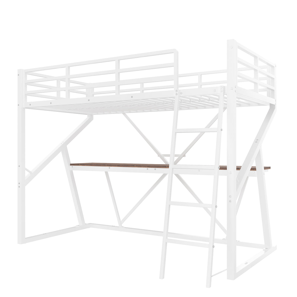 Loft Bed 90x200cm with Desk, LED & Stairs, White Iron Frame