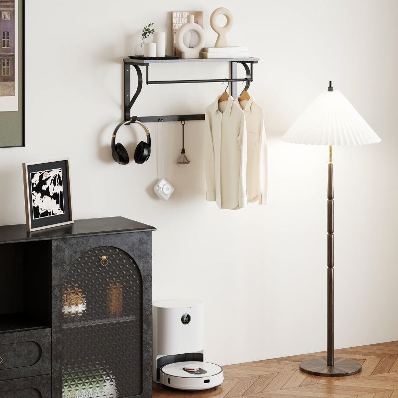 Wall-Mounted Clothes Rack, 5 Hooks with Top Compartment, Grey