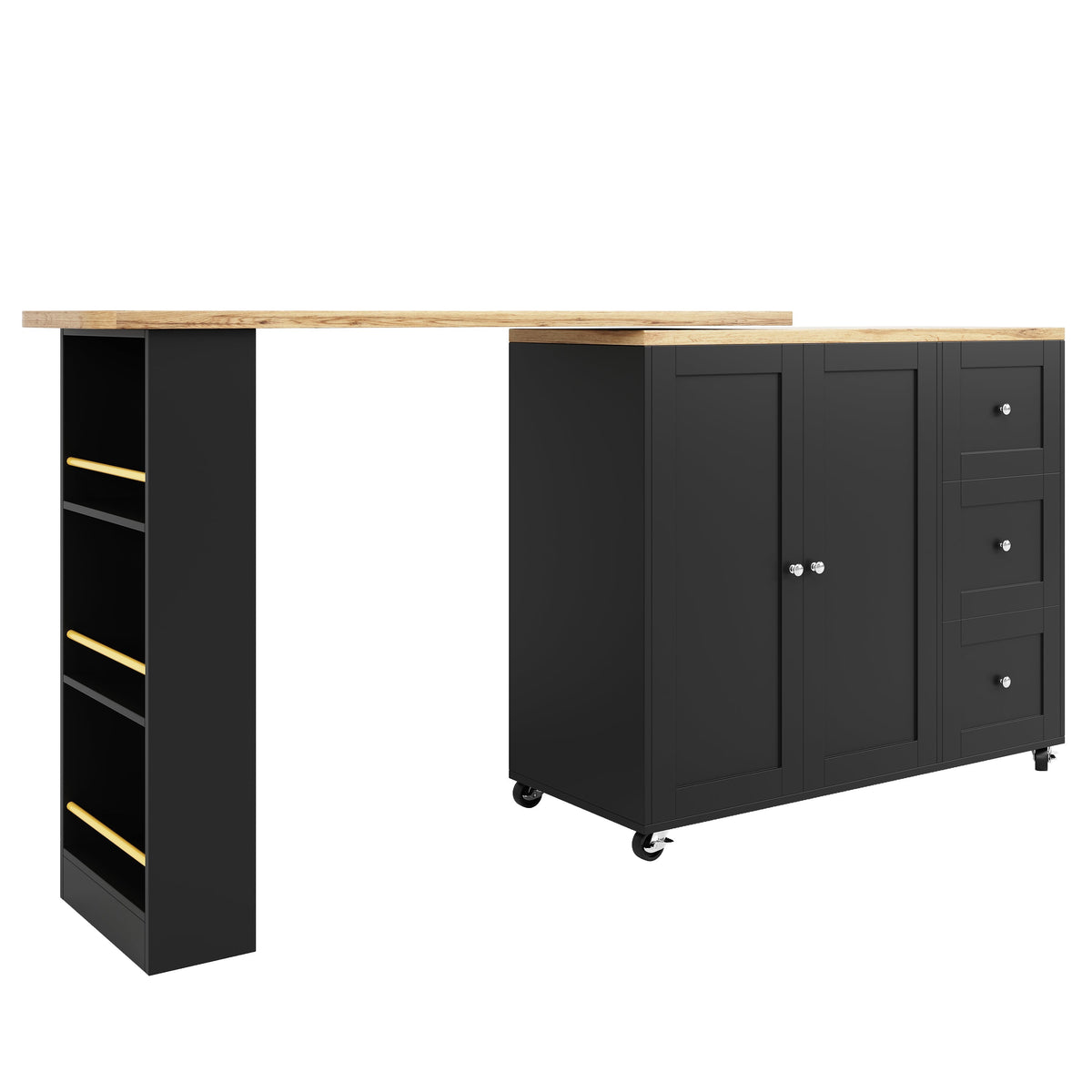 360° Rotating Bar Table Extendable On Casters Storage Island 3 Drawers Black