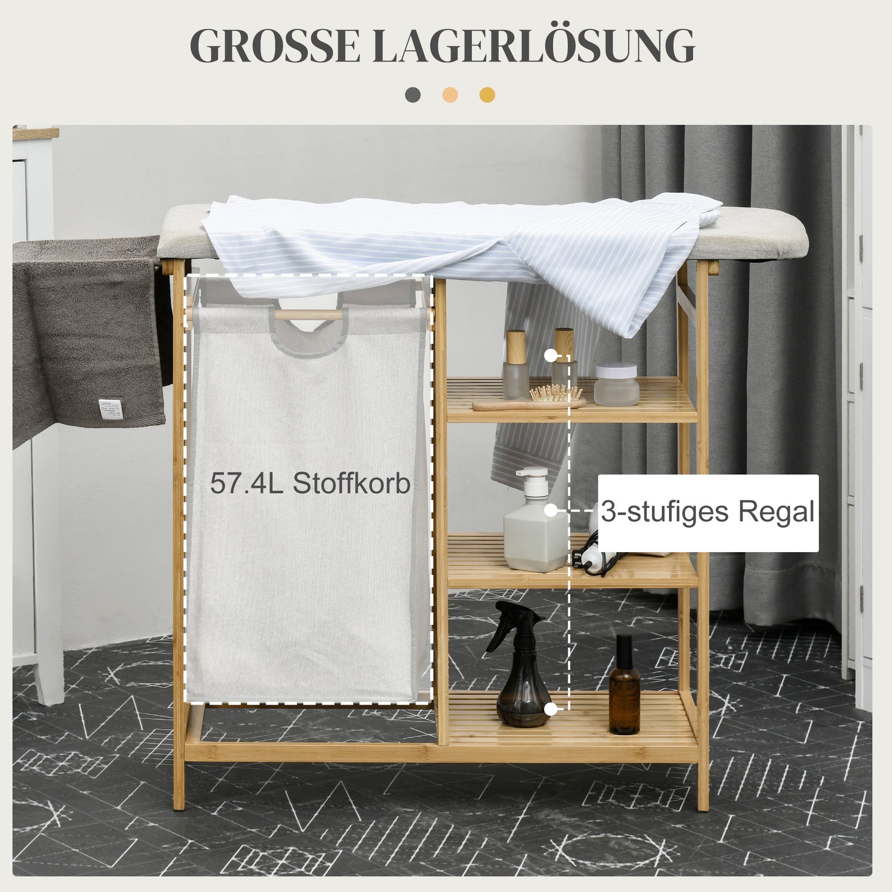 Laundry Basket Hamper with Ironing Board, 3-Tier Shelf, Removable Bag