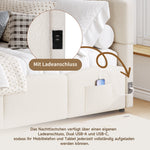 Upholstered Single Bed with USB Charger and Storage Bag, 90x200 cm, Beige Bouclé