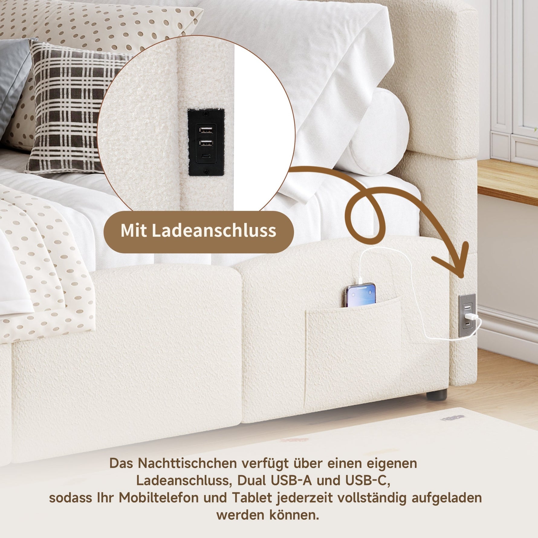 Upholstered Single Bed with USB Charger and Storage Bag, 90x200 cm, Beige Bouclé