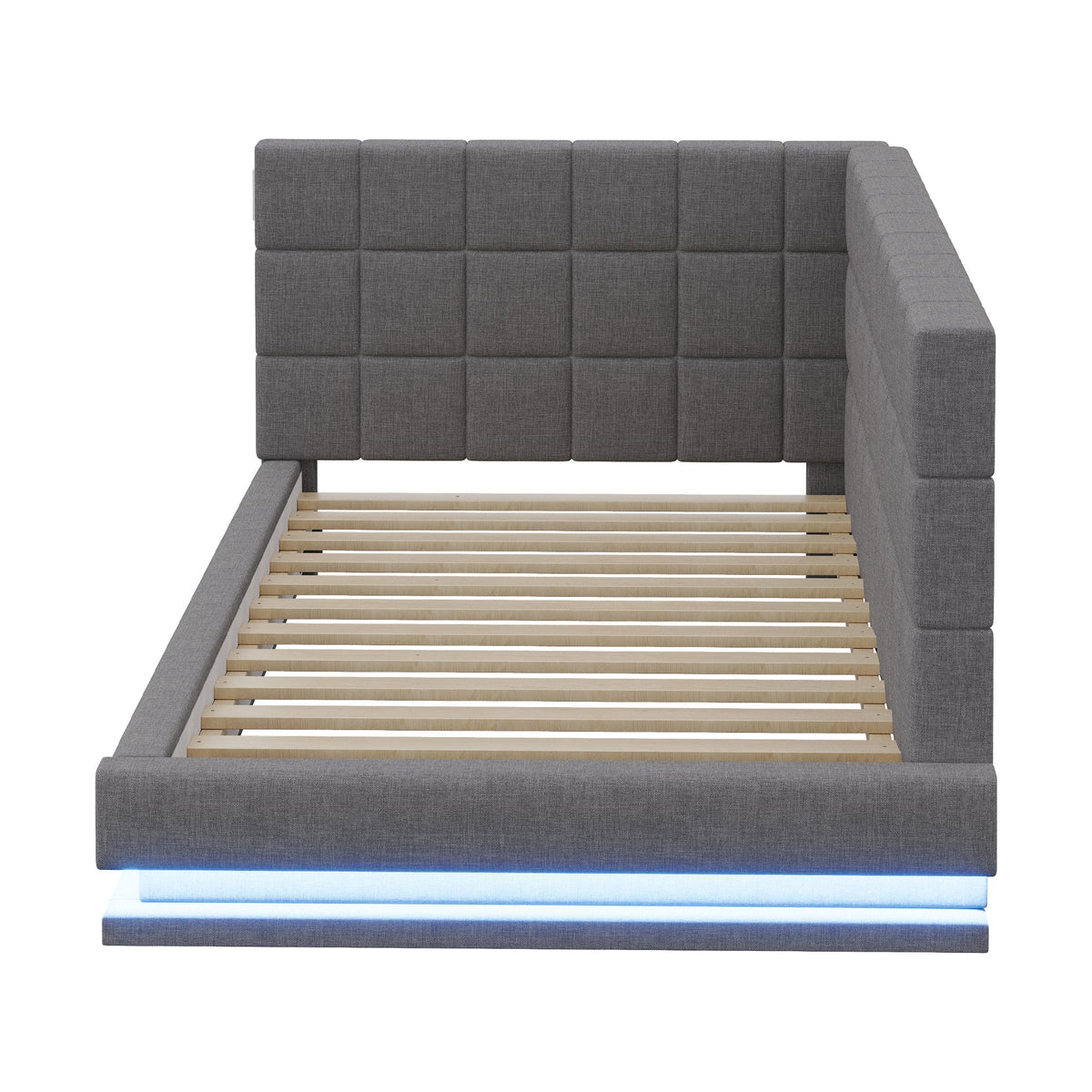 Upholstered Bed Sofa, 90x200 Multifunctional with LED & USB, Linen Fabric Grey