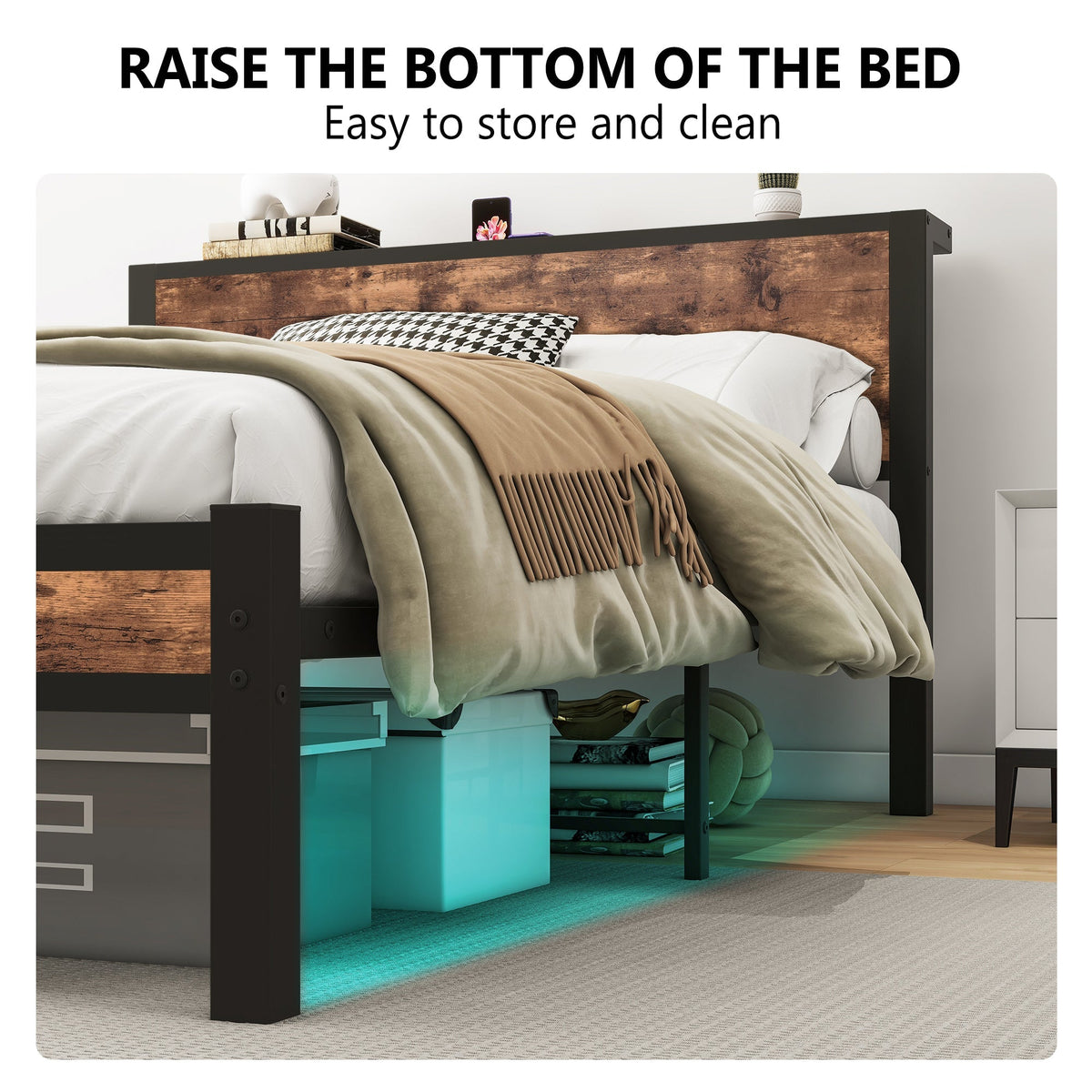 Metal Platform Bed Frame 140x200cm Storage Headboard Noiseless, Vintage Brown