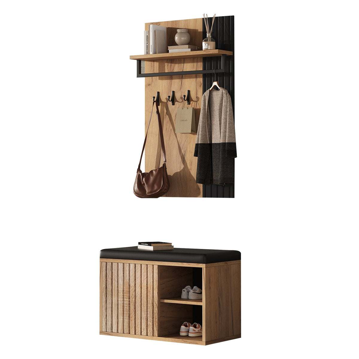 Shoe Cabinet Bench Hallway Furniture 2 Doors 3 Hooks Black and Natural Color