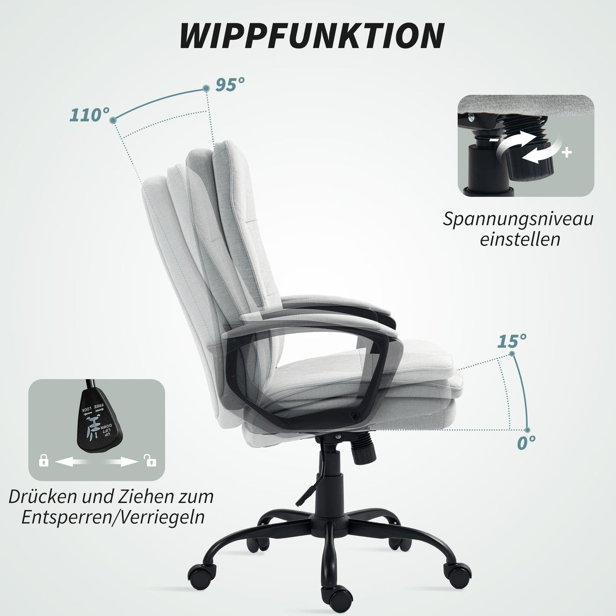 Office Chair Ergonomic Desk Chair with Armrests, Height-Adjustable Swivel with Rocking Function, Padded, Grey