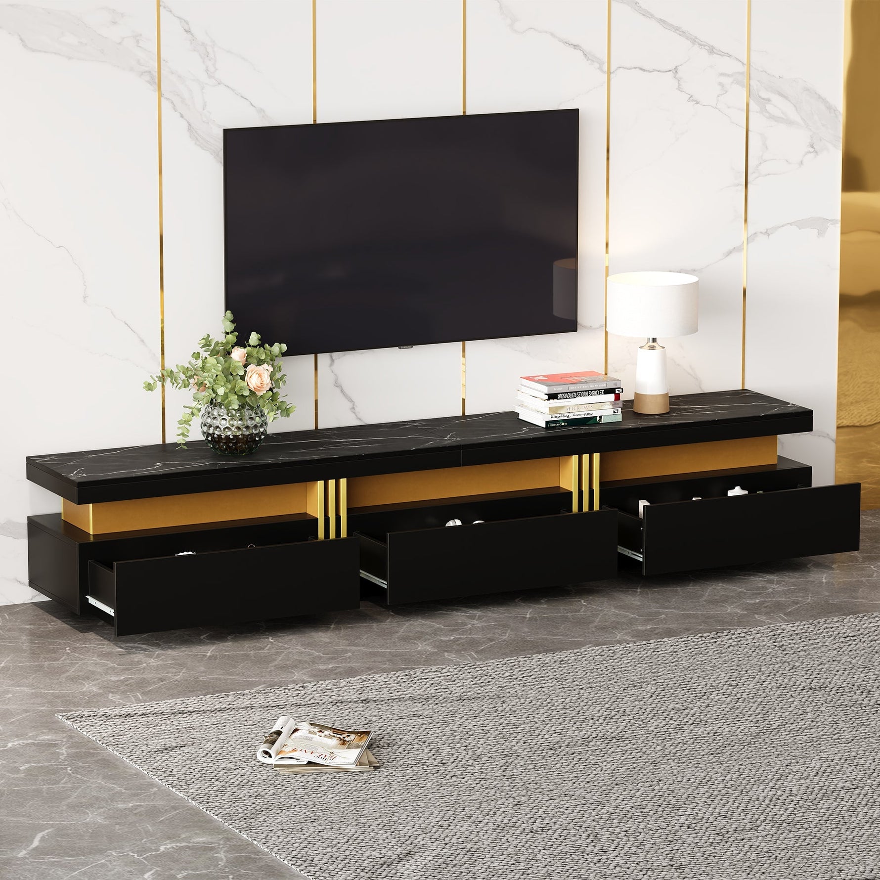 Lowboard TV Cabinet, Modern Marble Look with 3 Drawers, for up to 90-inch TVs