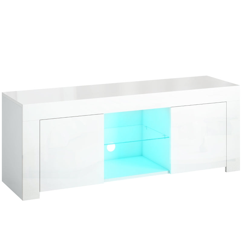 TV Cabinet, LED Lighting, 2 Doors, Glass Shelf, White Chipboard