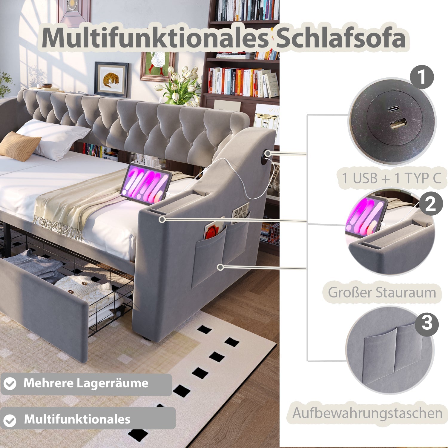 Upholstered Sofa Bed 90x190cm USB Charging Armrest Storage Drawer Light Grey Velvet