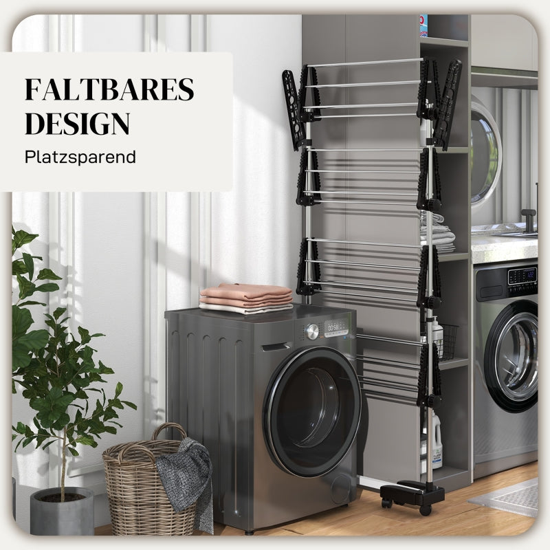 Clothes Airer, 5 Tiers Foldable, One-Click System, Black + Silver