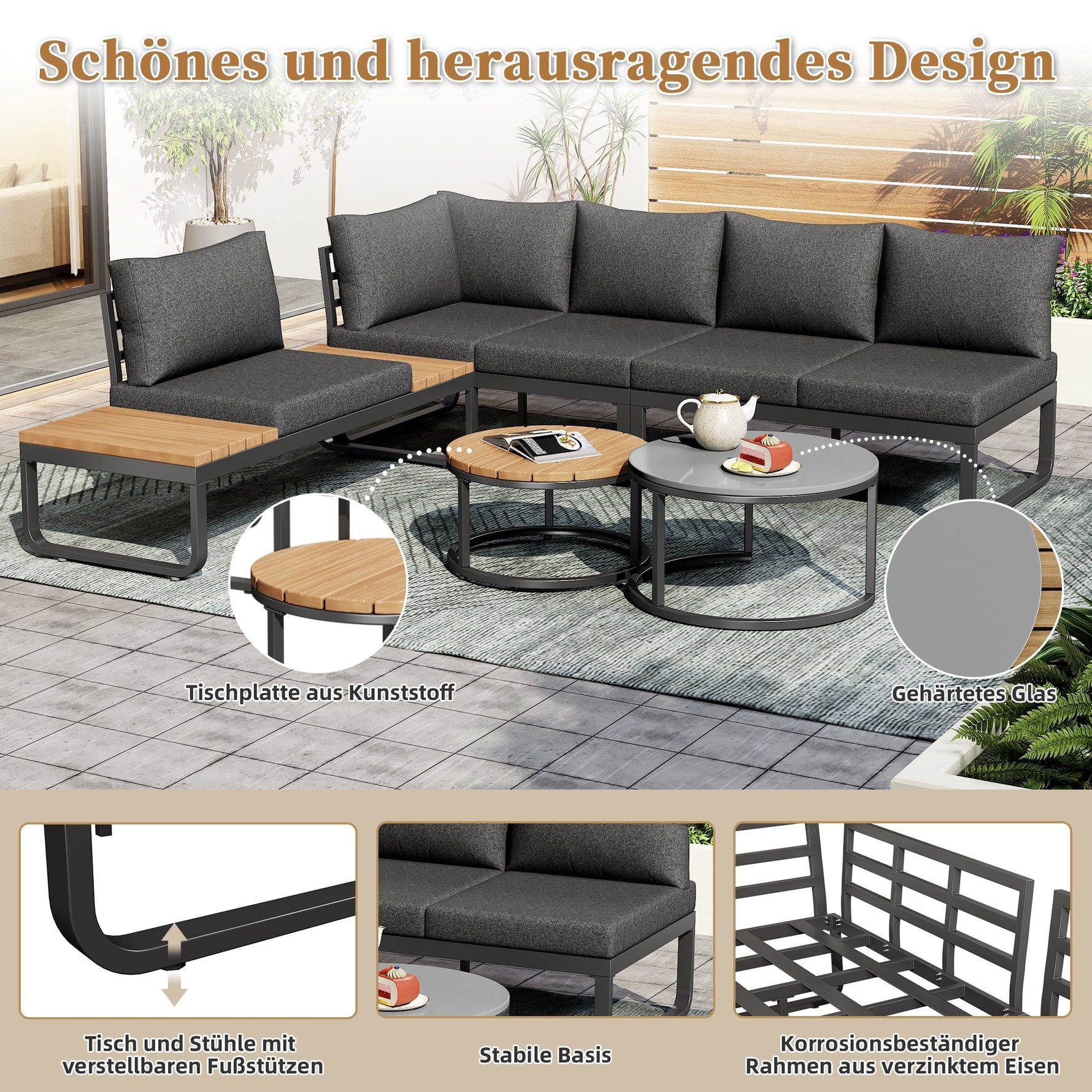 Garden Furniture Set 4-5 Seater with 2 Stackable Coffee Tables Adjustable Legs Galvanized Iron Grey