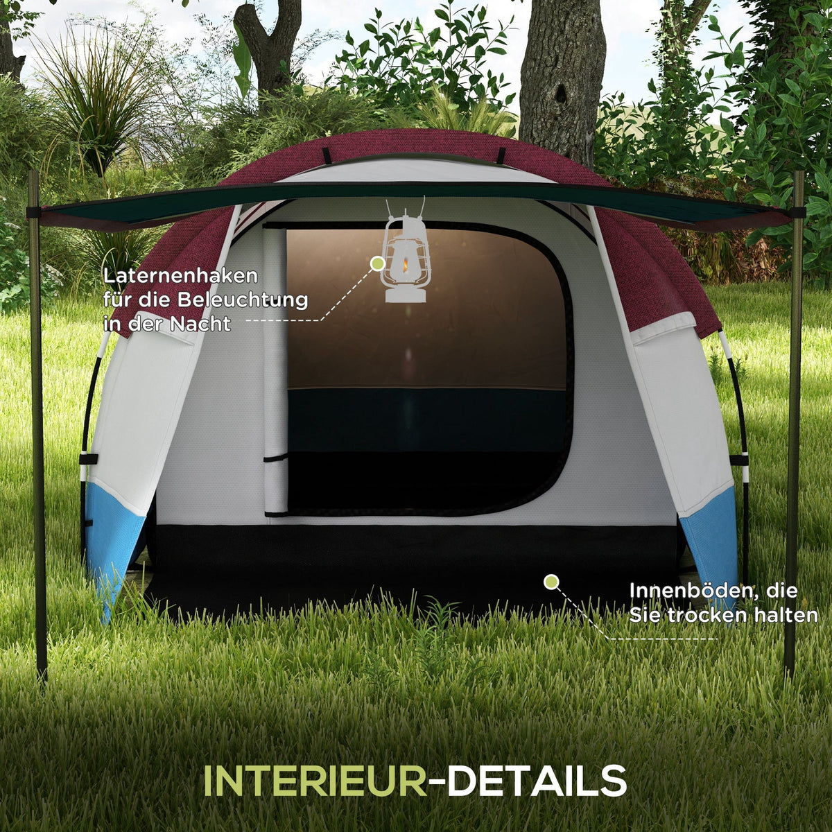 Camping Tent, 3 Person Tunnel, Light Hook & 2 Rooms, Red