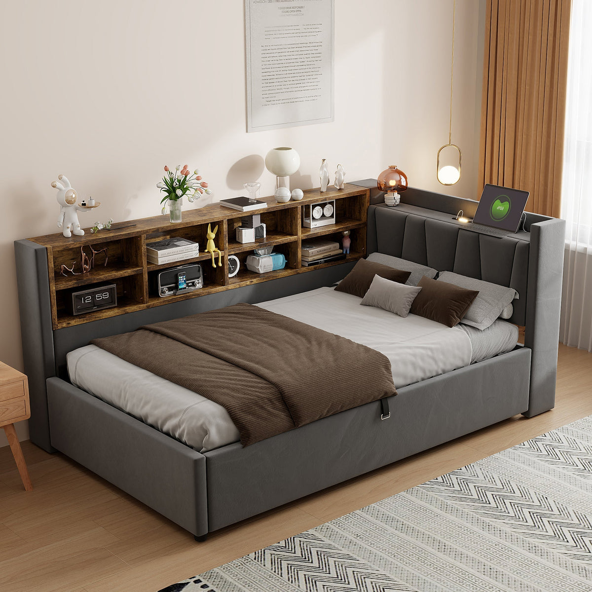 Upholstered Bed/Sofa Bed 90x200cm Multifunctional Hydraulic Storage USB/Type-C Night Light - Dark Grey Velvet