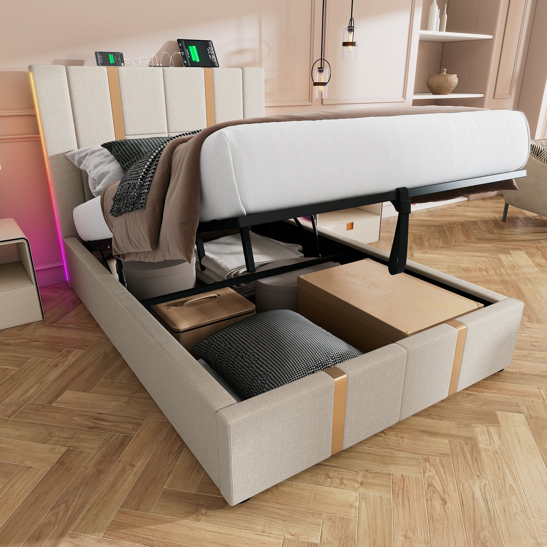 Upholstered Bed, USB-C LED Single with Storage, Beige Linen