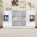 Sideboard, 2 Doors 3 Drawers LED Lighting, High-Gloss White & Grey Marble