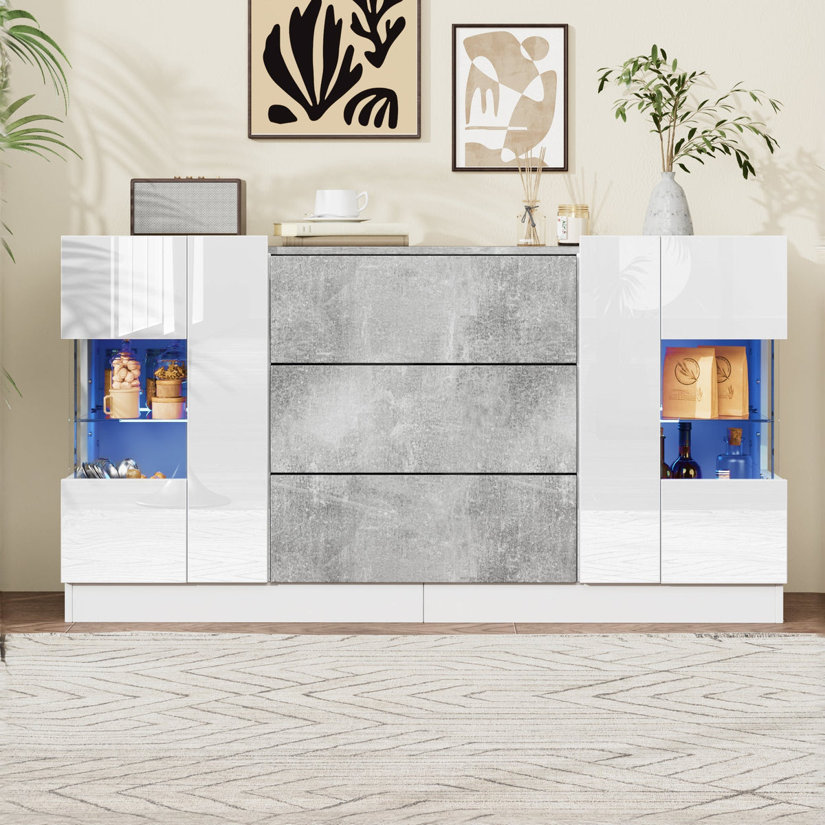 Sideboard, 2 Doors 3 Drawers LED Lighting, High-Gloss White & Grey Marble